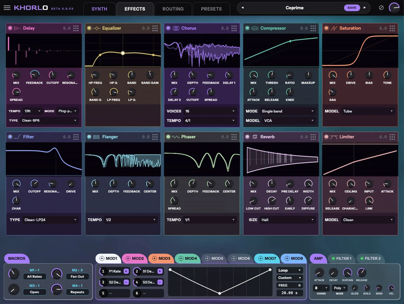 Khorlo's effects view. Ten effect panels — chorus, compressor,
delay, saturation, equalizer, filter, flanger, phaser, reverb and
limiter — each with a display above its knobs, over a row of macro
and modulation controls.
