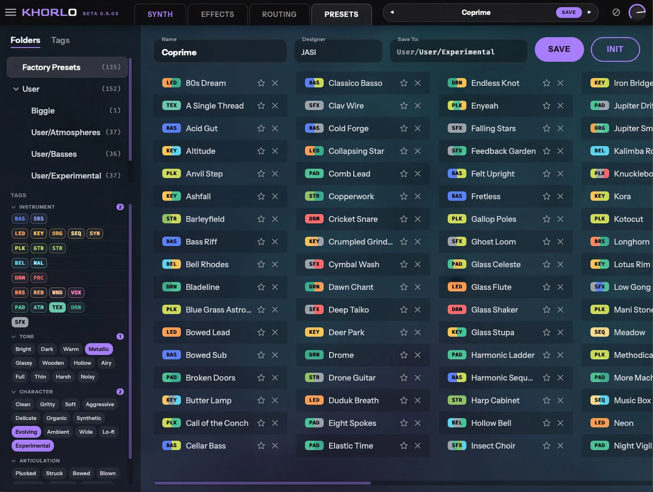 Khorlo's preset browser. A folders and tags sidebar down the left
                    with instrument, tone, character and articulation filters; columns
                    of presets, each with a three-letter instrument badge, a favourite
                    star and a delete control; name, designer and Save To fields across
                    the top.