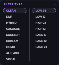 The FILTER TYPE picker: nine models on the left, seven modes on the right