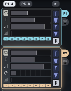 P1 and P2 cards with rate, height, strength, attack, exciter shapes, and string buttons