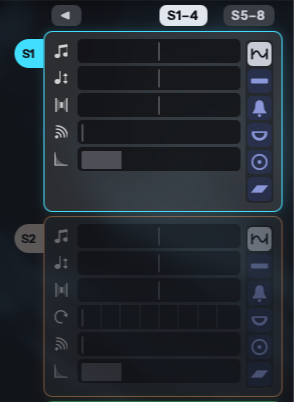 S1 and S2 cards with their vertical Level faders at the right edge
