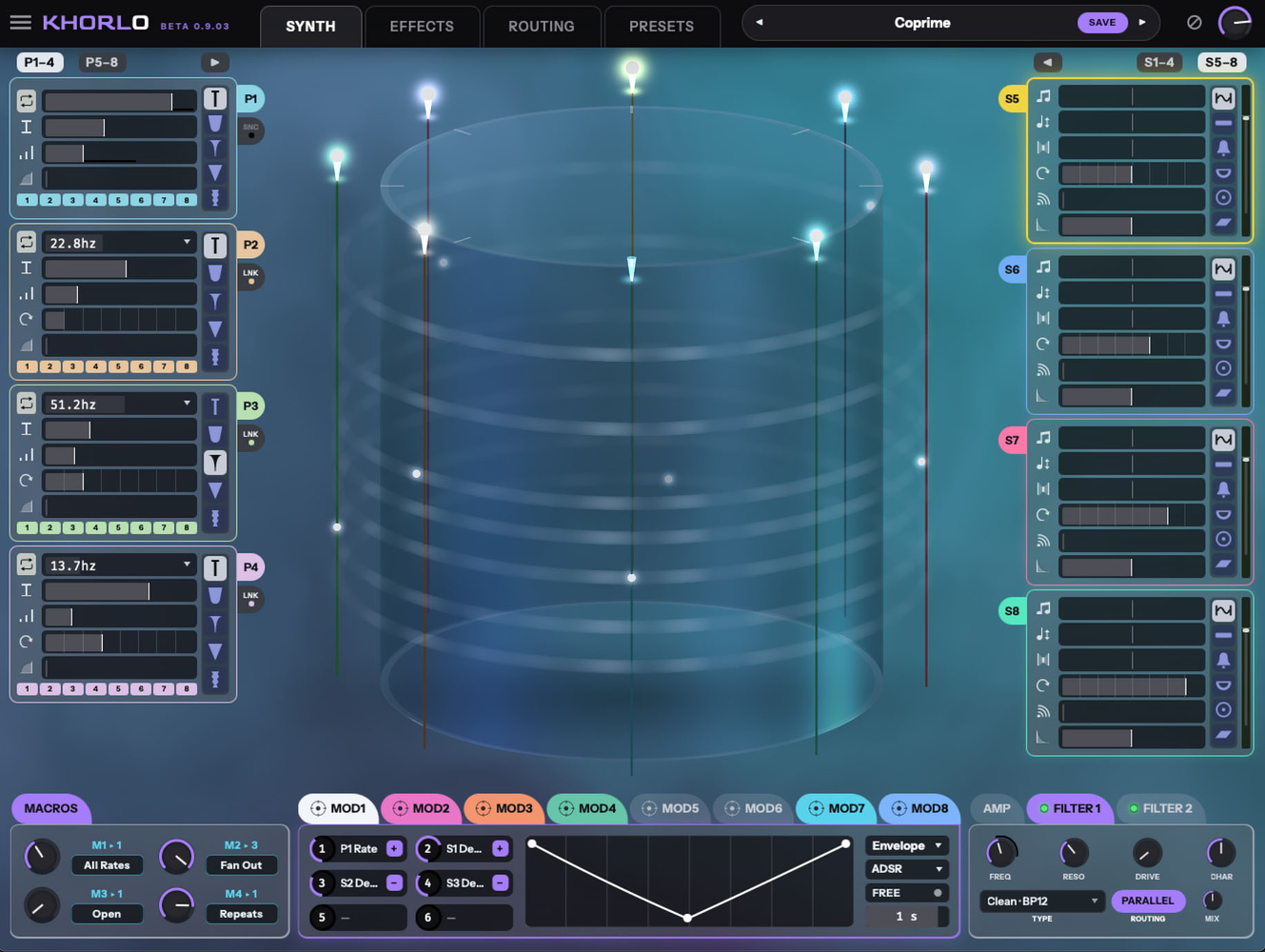 Khorlo's synth view: the 3D cylinder, plucker cards, string cards.